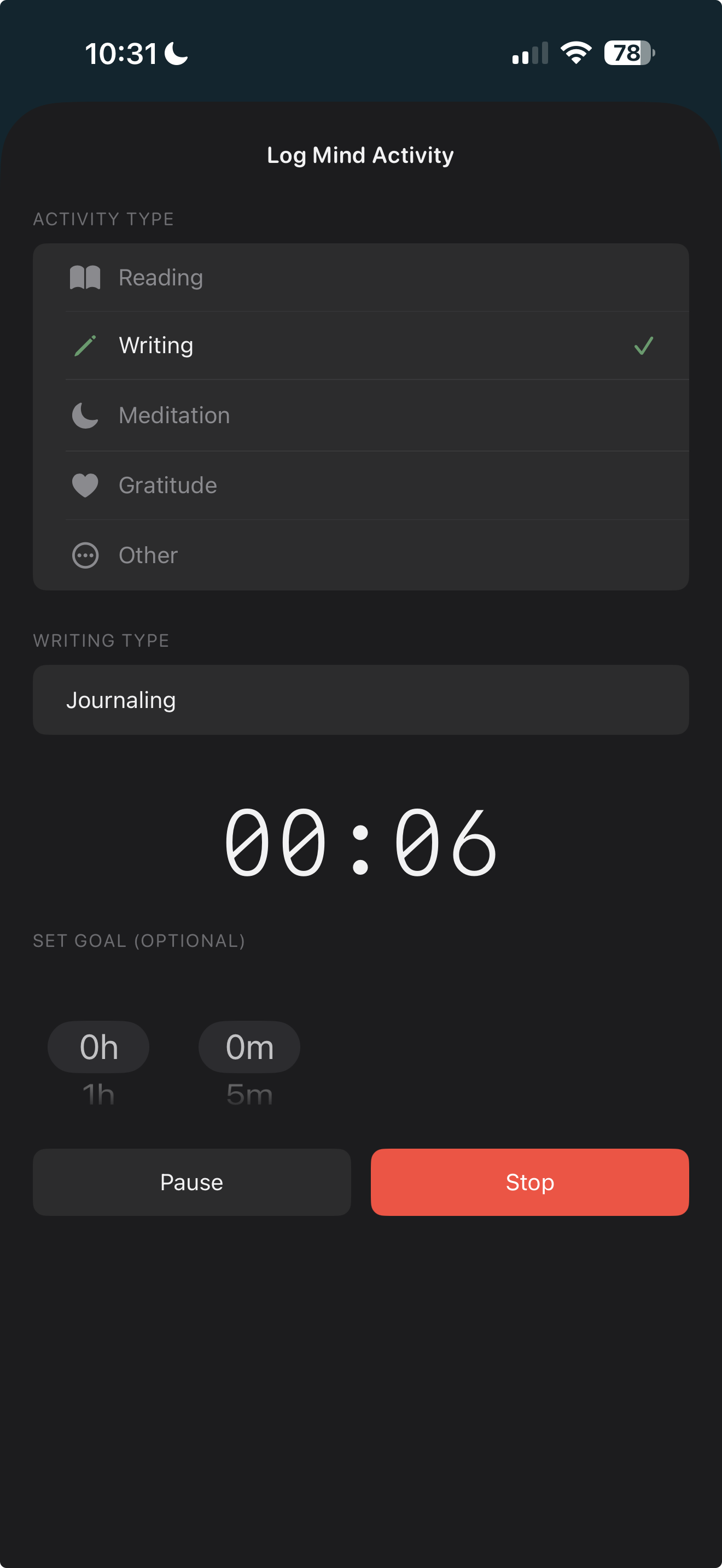 Writing timer with sub-type field screen